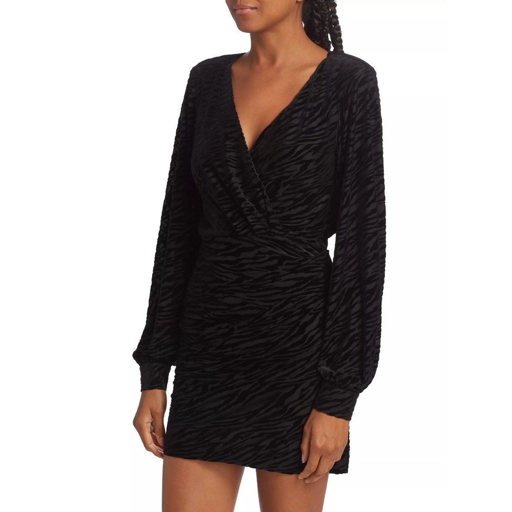 Ramy Brook Kalani Flocked Mini Dress US S Black Zebra Burnout Velvet Ruched Glam